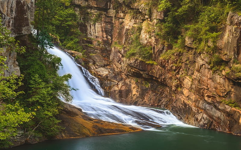 waterfall, mountains, mountain lake, summer, forest, mountain river, HD wallpaper