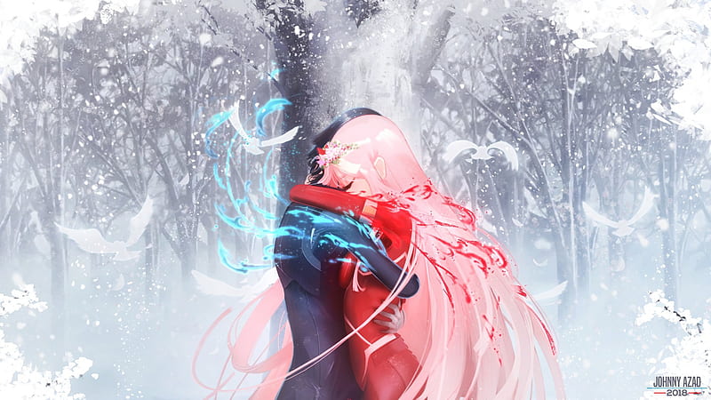 darling in the franxx zero two hiro with shallow background of trees anime, HD wallpaper