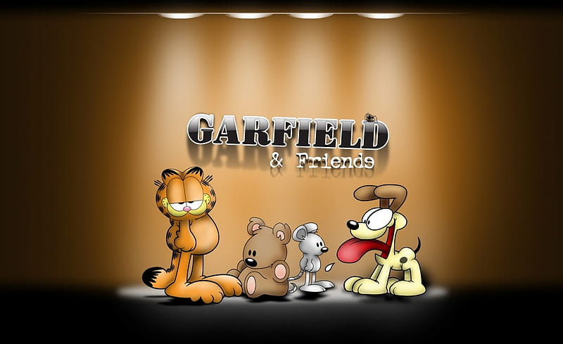 Garfield & friends, teddy, children, spider, lights, garfield, friends, kids, dog, title, pic, fun, cartoon, wall, cat, mouse, teddy bear, HD wallpaper