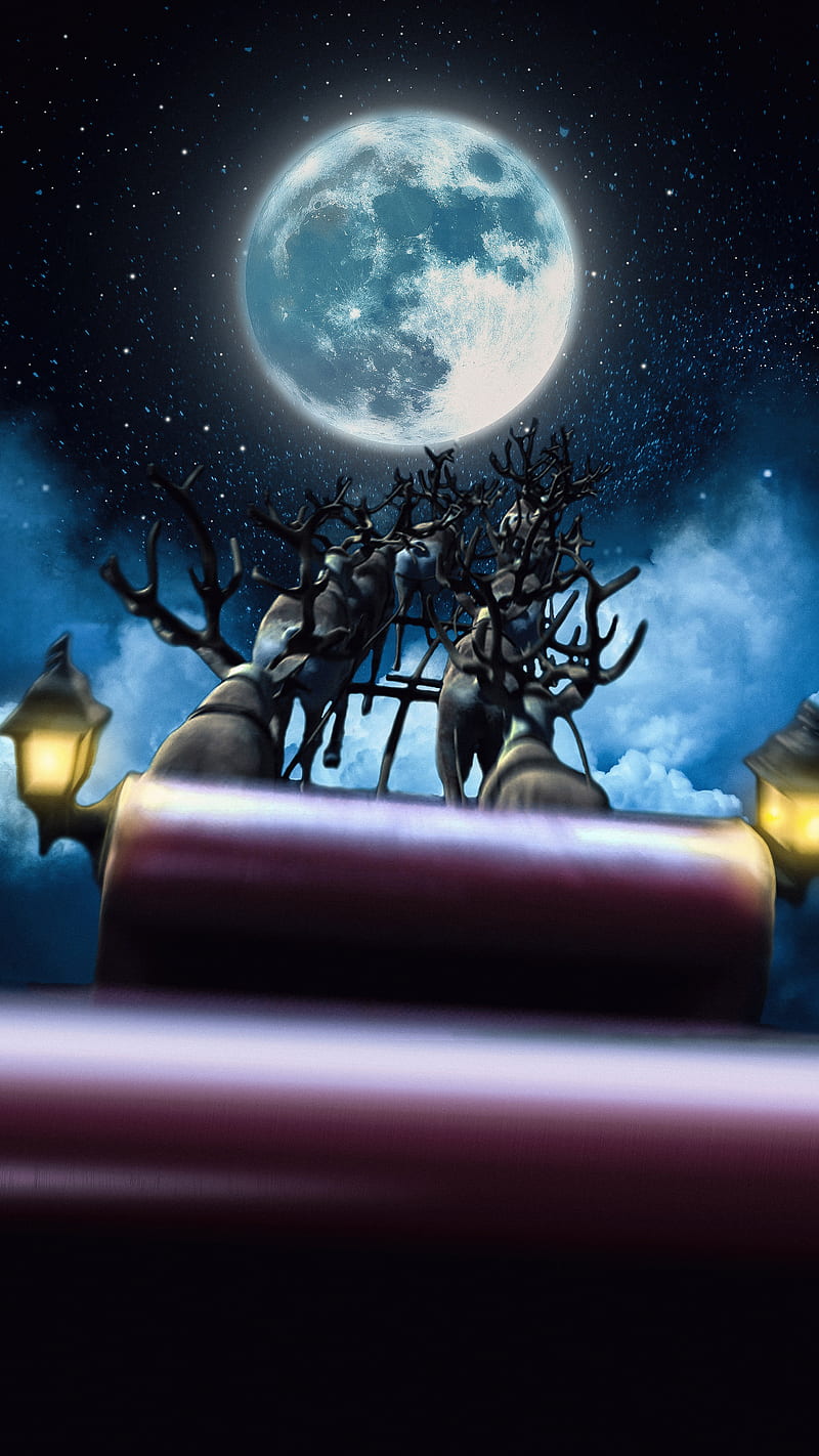 Santa Claus, Candlelit, Celebration, Festive, Karabanka, Mistletoe, Present, Santa, Seasonal, bell, christmas, dream, gift, happy, holly, jingle bells, merry christmas, moon, new year, night, noel, reindeer, sky, snowy, spiritual, stars, HD phone wallpaper
