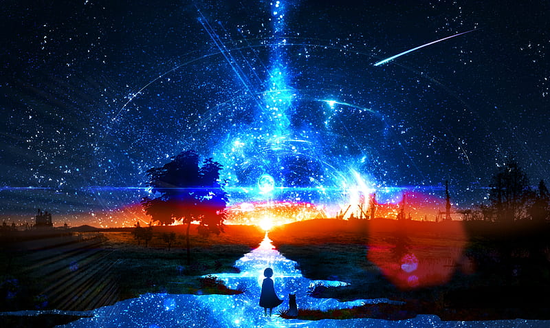 Anime landscape, shooting stars, comet, anime girl, cat, scenery, night,  Anime, HD wallpaper | Peakpx