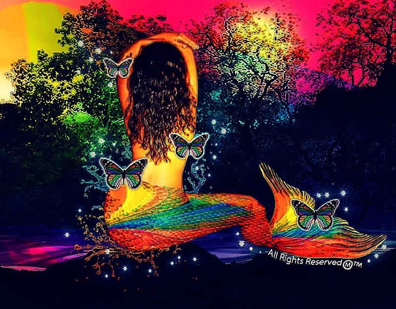 Rainbow Beauty, her, make believe, colors, butterflies, sparkles, waters, rainbows, wonders, fantasy, beauty, forests, HD wallpaper