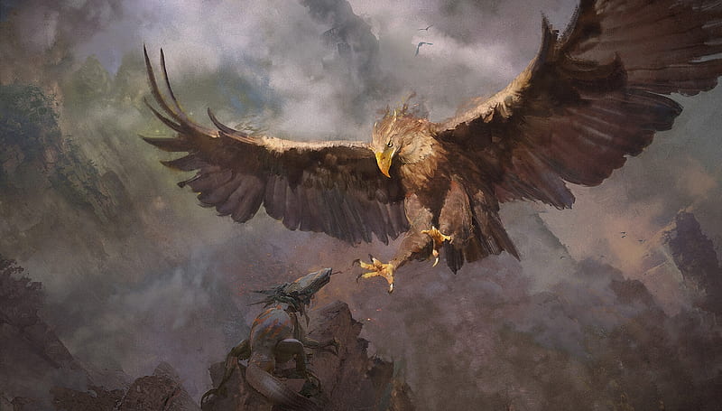 fantasy eagle, giant, wings, painting, creature, monster, artwork, Fantasy, HD wallpaper