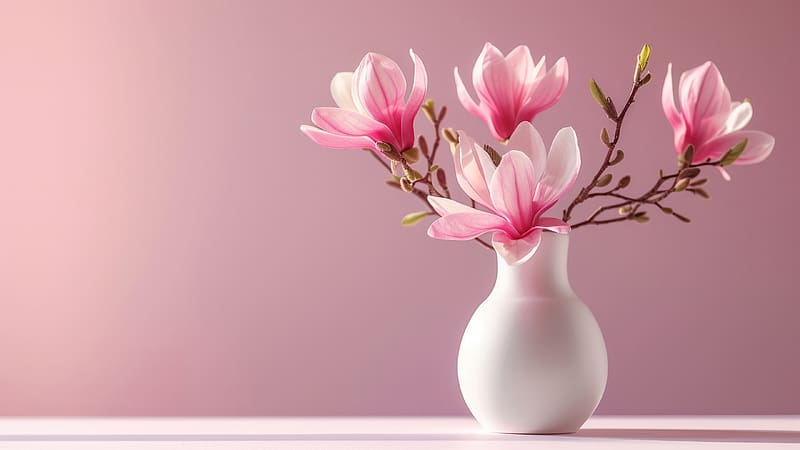 Magnolias, white, flower, pink, vase, magnolia, spring, HD wallpaper