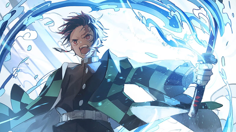 Demon Slayer Tanjirou Kamado Angry With Weapon With Background Of Blue And White Abstract Anime, HD wallpaper
