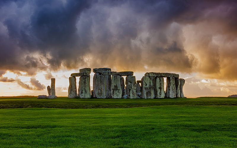 Stonehenge english landmarks, clouds, Amesbury, United Kingdom, HD wallpaper