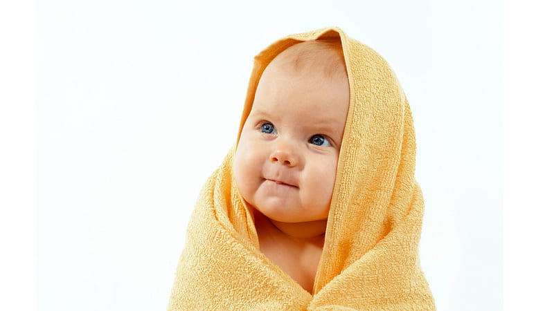 Cute Smiling Baby Sitting On Floor Covered With Yellow Towel In White Background Cute, HD wallpaper