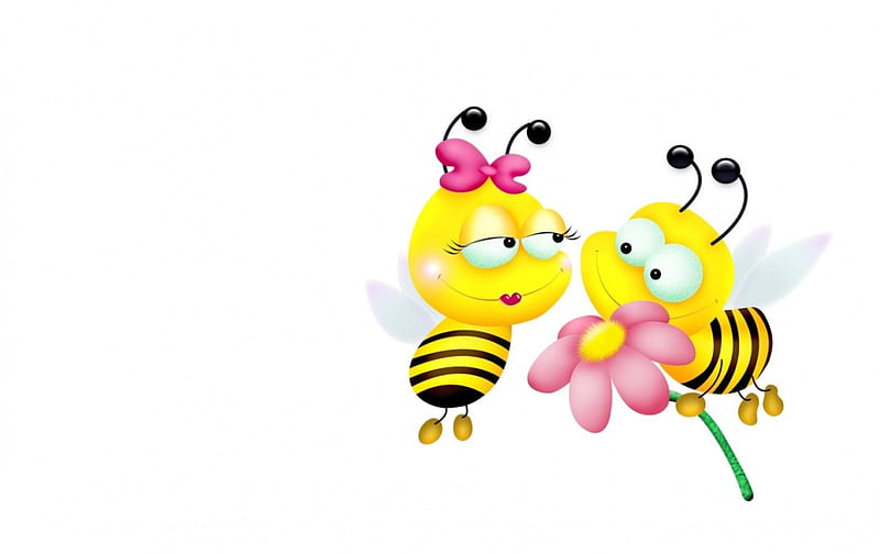 For you, my love!, yellow, bow, valentine, card, bee, love, flower, insect, child, funny, white, pink, couple, HD wallpaper