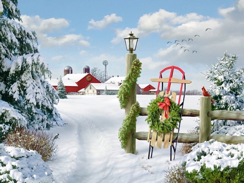 Christmas Sled Decor, Christmas, Barn, Sled, holiday, snow, painting, trees, winter, HD wallpaper
