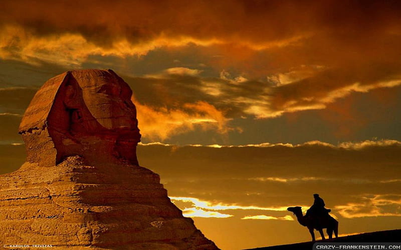 Sphinx at sunset with Camel, setting, sphinx, sun, egypt, HD wallpaper
