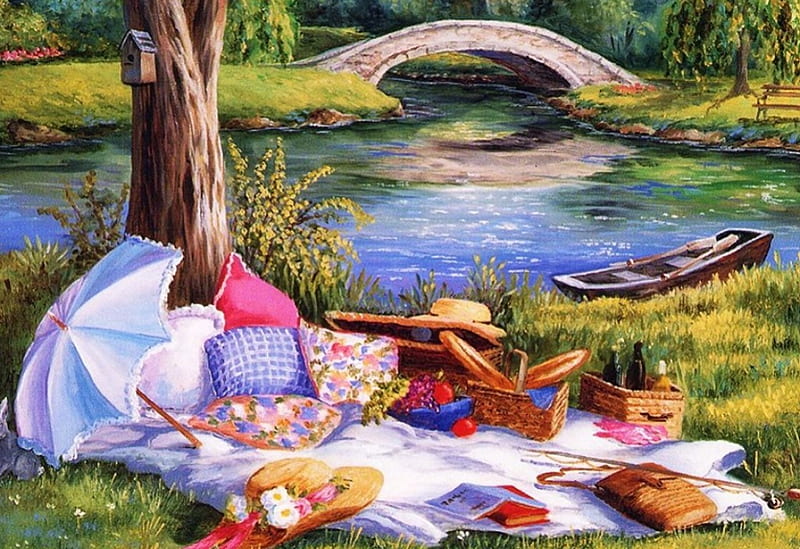 Picnic Place, food, umbrella, blanket, artwork, hat, boat, bridge, painting, river, HD wallpaper