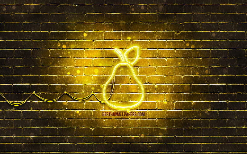 Pear neon icon yellow background, neon symbols, Pear, neon icons, Pear sign, food signs, Pear icon, food icons, HD wallpaper
