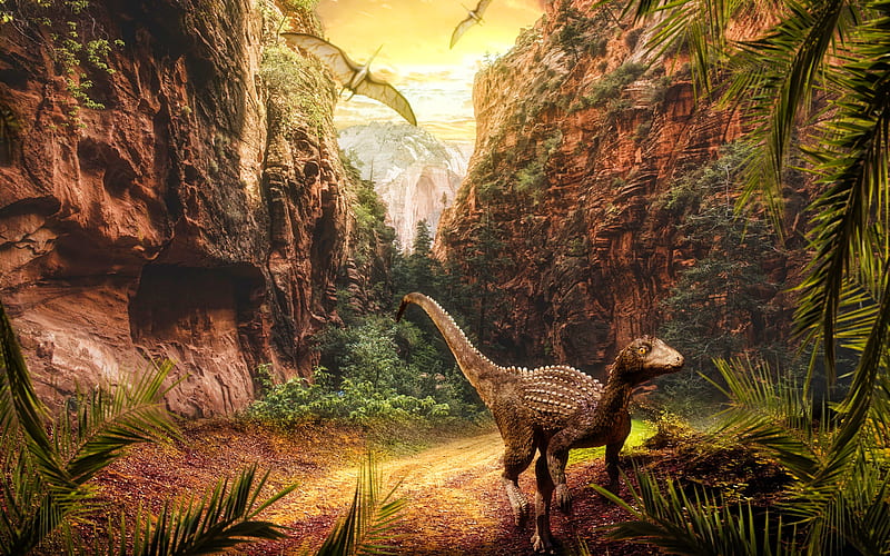 dinosaurs, 3D art, valley, wildlife, monsters, cliffs, rocks, angry dinosaur, HD wallpaper