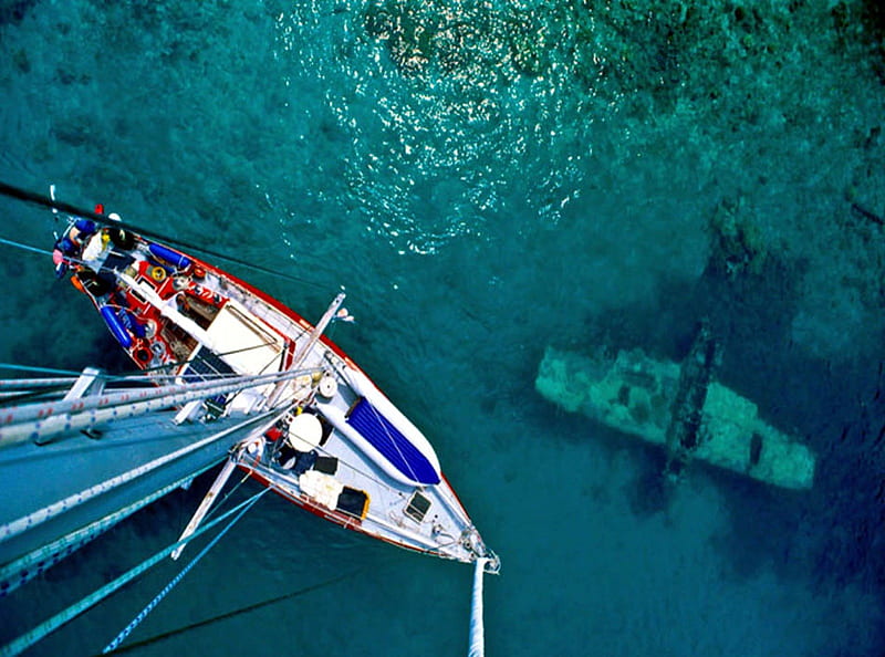 Top of Mast, water, boat, submerged, wreak, sail, HD wallpaper