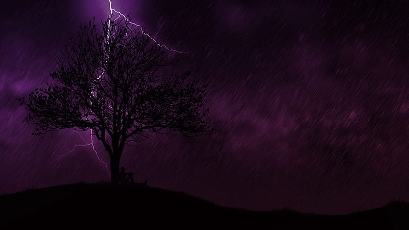 tree, silhouette, lightning, night, rain, loneliness, HD wallpaper