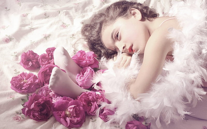 Daydreaming, ballerina, dress, rose, tutu, blonde, girl, feather, flower, child, white, pink, HD wallpaper