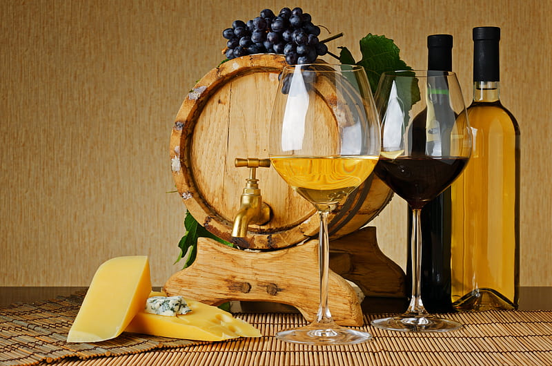 Grapes and wine, grape, wine, bottle, drink, barrel, HD wallpaper