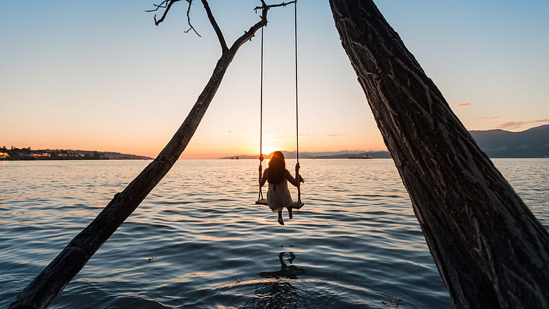 swing, girl, sunset, lake, river, HD wallpaper