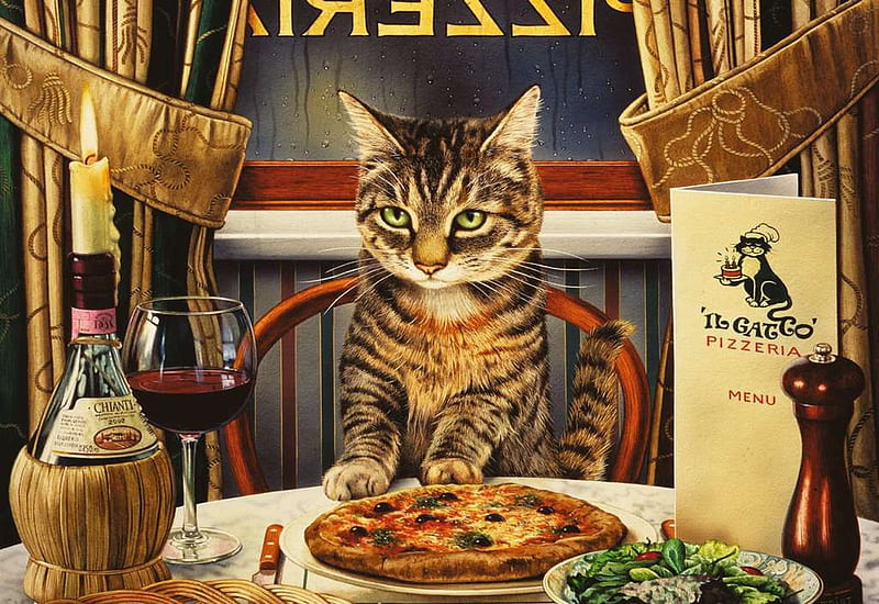 Dinner for One, restaurant, chair, table, window, candle, painting, cat, food, pizza, HD wallpaper