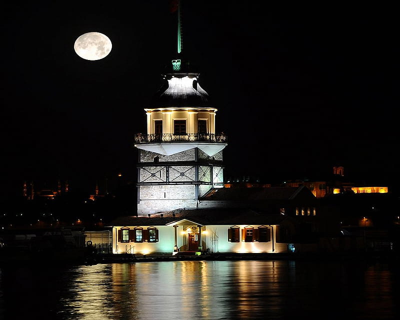 The Maiden's Tower Istanbul,Turkey, turkey, maidens tower, istanbul, bosphorus, night, HD wallpaper