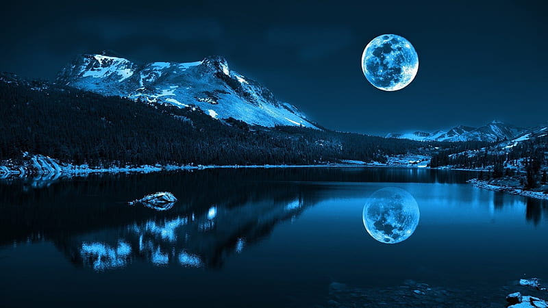 Snowy Mountain With Reflection On Body Of Water Under Full Moon Nature, HD wallpaper