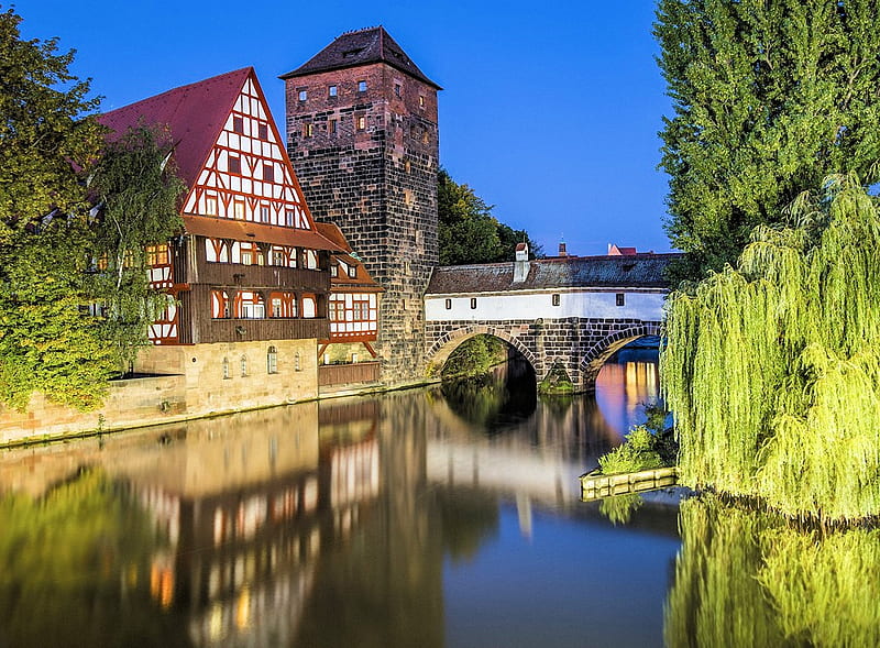 Nuremberg, river, house, bridge, germany, reflections, HD wallpaper