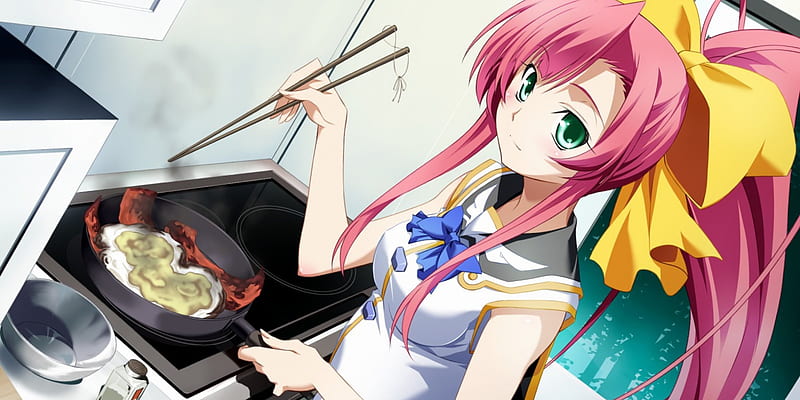 Cooking, pretty, house, green eyes, home, sweet, egg, nice, anime, hot, anime girl, apron, long hair, female, lovely, food, ribbon, kitchen, sexy, cute, girl, cook, pink hair, pan, HD wallpaper