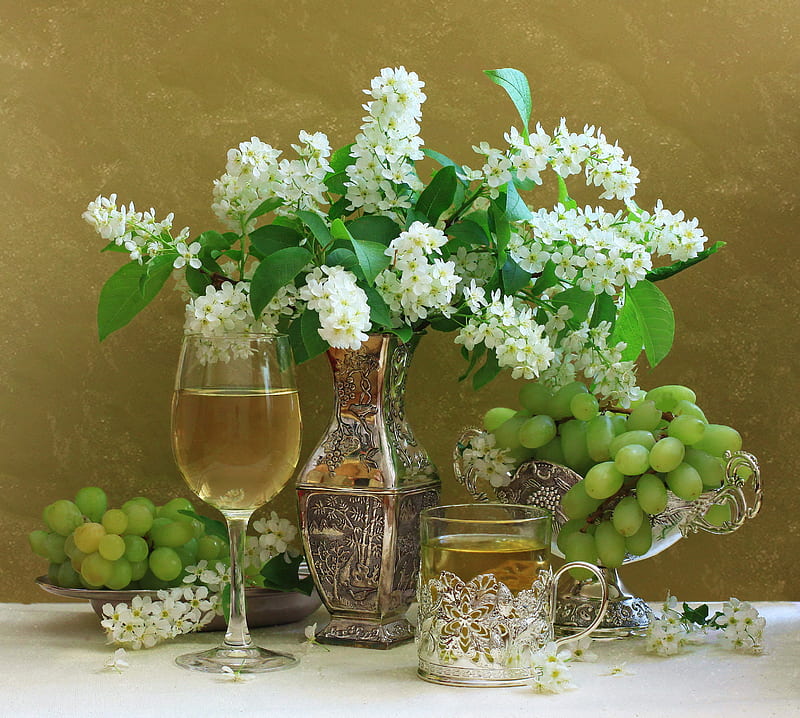 still life, pretty, fruits, glasses, vase, bonito, silver, tea, grapes, white wine, graphy, nice, gentle, green, flowers, beauty, harmony lovely, drinks, wine, spring, elegantly, twigs, cool, bouquet, flower, white, HD wallpaper