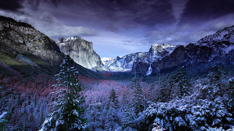 Yosemite Tunnel View, mountains, rocks, snow, trees, sky, clouds, HD wallpaper