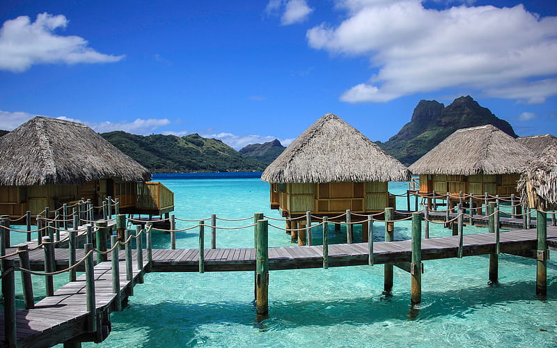 Bora Bora Resort, resort, huts, mountains, sky, sea, HD wallpaper | Peakpx