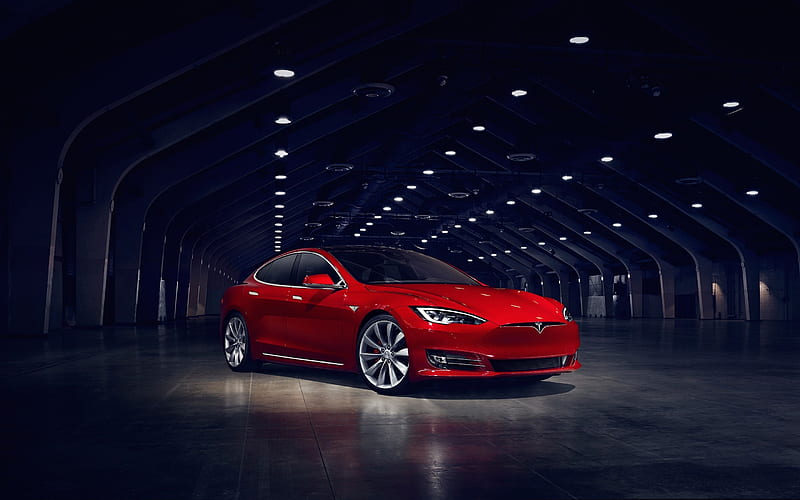 The Ultimate Garage, red, electric car, Made in USA, garage, American, exclusive, lights, Tesla, sports sedan, expensive, Luxury, reflection, exotic car, tiles, HD wallpaper