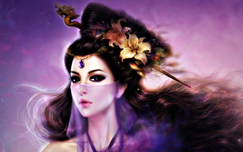 Fantasy Beauty Pendant Veil Woman Hat Fantasy Girl Purple Amethyst Flower Hd Wallpaper 1761