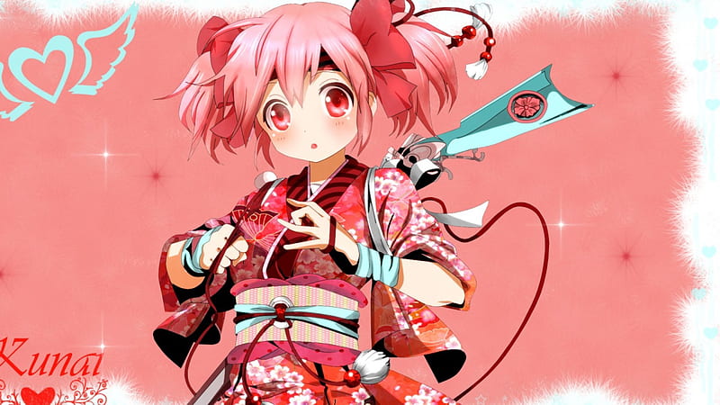 Pink and Red Cutie, red, cuite, komono, bows, corazones, young, girl, teen, anime, weapon, pink, HD wallpaper
