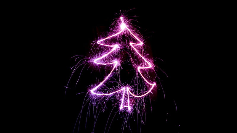 Happy New Year!, tree, craciun, christmas, fireworks, black, new year, pink, card, HD wallpaper