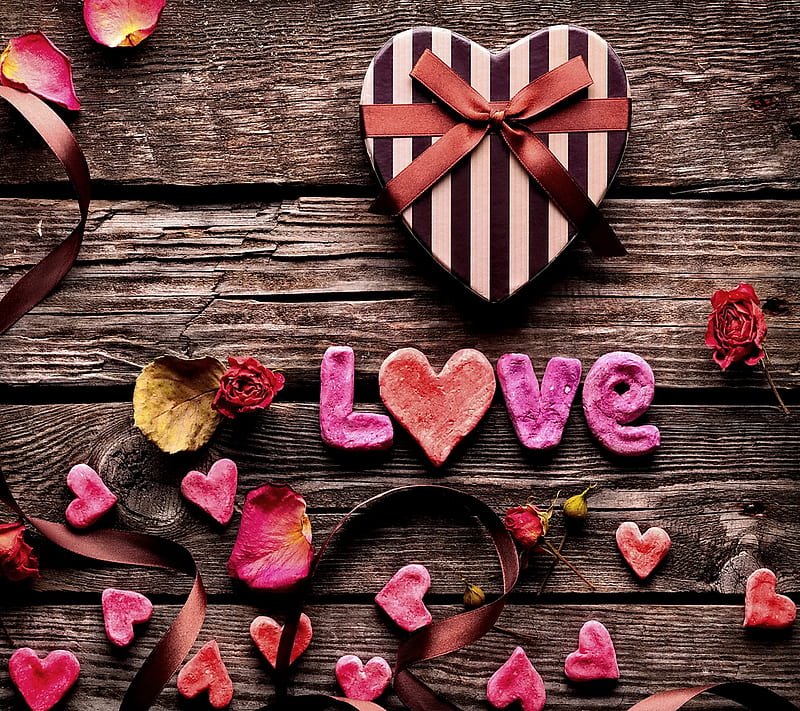 Love, heart, romantic, rose, wood, HD wallpaper