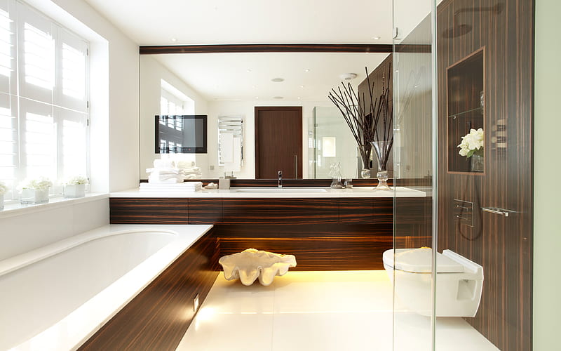 bathroom interior, modern design, brown wood panels, wood tile, bathroom, stylish design, HD wallpaper