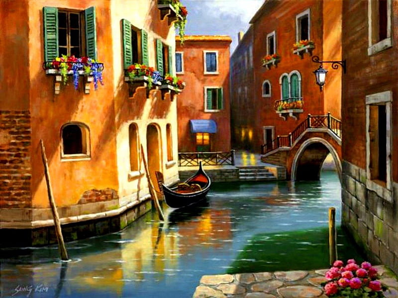 Venetian evening, pretty, house, cottage, canal, bonito, venice, venetian, afternoon, nice, painting, flowers, evening, reflection, art, lovely, romantic, town, spring, water, peaceful, summer, gondola, HD wallpaper