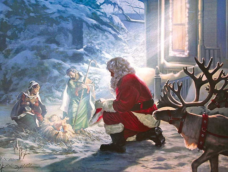 Santa and the Nativity scene, nativity, reindeer, craciun, sanra, christmas, HD wallpaper