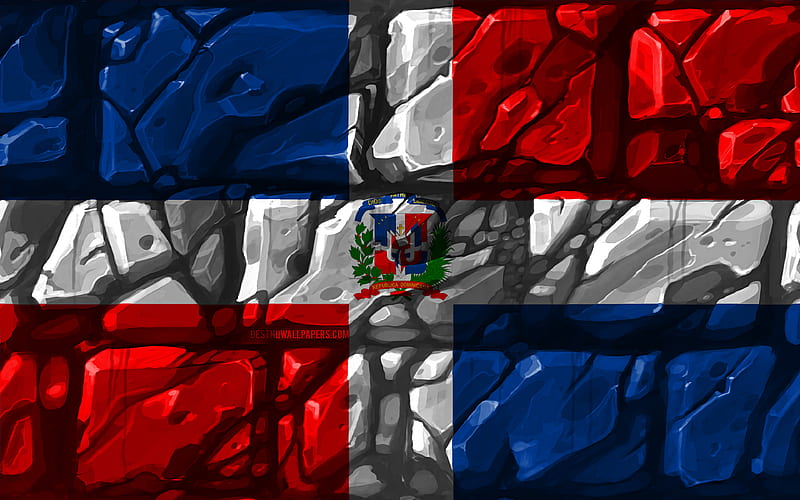Dominican Republic flag, brickwall North American countries, national symbols, Flag of Dominican Republic, creative, Dominican Republic, North America, Dominican Republic 3D flag, HD wallpaper