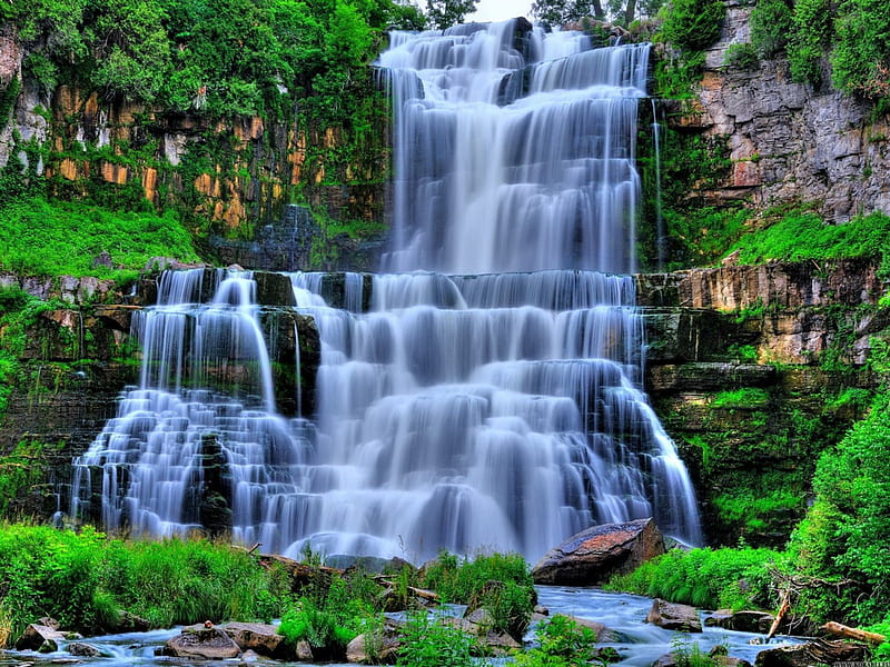 Beautiful waterfall, pretty, stream, rocks, fall, wonderful, lovely, falling, bonito, mountain, stones, cascades, nice, water, summer, waterfall, nature, HD wallpaper