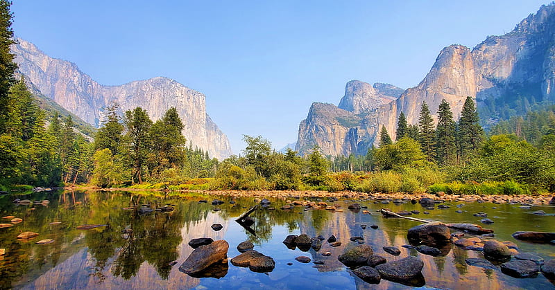 Yosemite Valley, Yosemite National Park, usa, california, stones, river, sky, trees, HD wallpaper