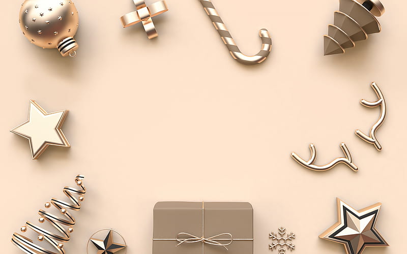 Christmas beige background, Christmas frame, christmas beige toys, New Year, 2020 concepts, Christmas, HD wallpaper