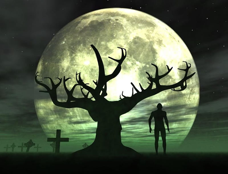 Fear Wall, tree, graves, moon, full moon, figure, crosses, grave markers, silhouetted, HD wallpaper