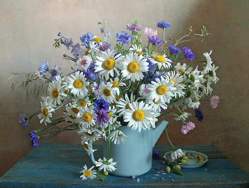❤️, Cornflowers, Kettle, Chamomile, Bouquet, HD wallpaper