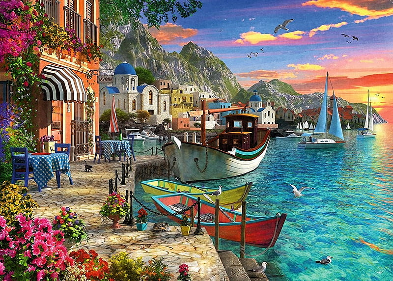Beautiful Greece, mediterranean, tables, houses, birds, sunset, sea, artwork, boats, restaurant, promenade, mountains, flowers, painting, village, coast, HD wallpaper