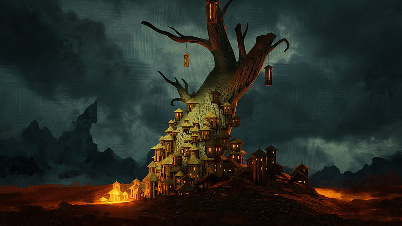 lanterns, fairytale, tree, fantasy, art, HD wallpaper