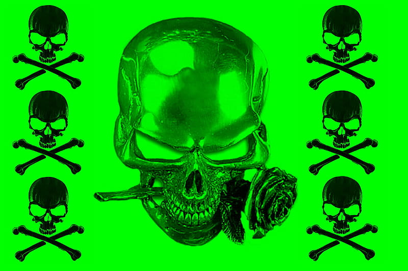 GLOWING GREEN, skulls, glowing, green, HD wallpaper