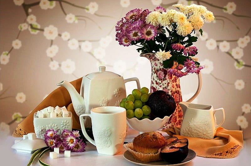 Still life, cake, fruits, vase, elegant, floral, teapot, photgrapher, arrangement, flowers, porcelain, art, sugar, colors, grapgy, entertainment, tea time, cup, white, HD wallpaper