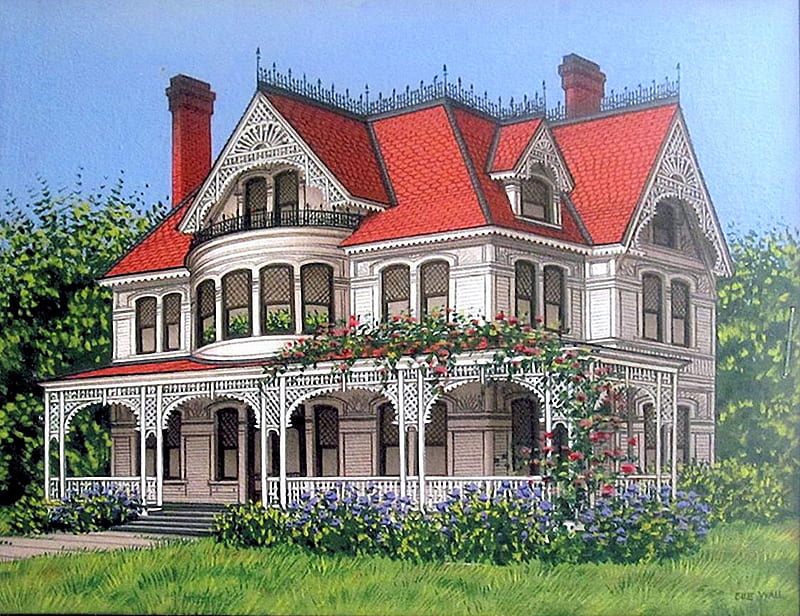 Victorian Home, flowers, painting, house, artwork, HD wallpaper