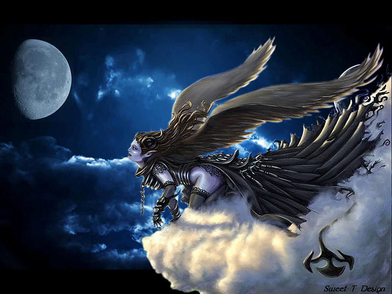 Awaiting The Moon, angel, black, sky, clouds, fantasy, moon, dark, blue, night, HD wallpaper
